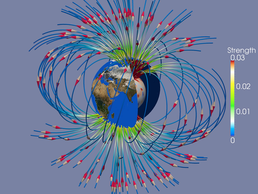 Enlarged view: Magnetic field generated in the fluid metallic core of planet Earth