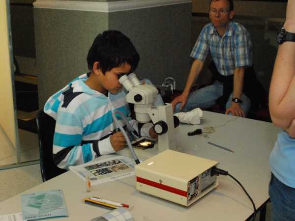Vergrösserte Ansicht: Knabe schaut durch ein Mikroskop